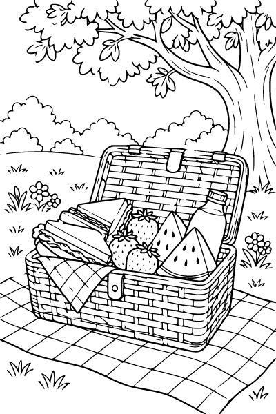 Summer Picnic In The Park Coloring Page, Summer coloring page