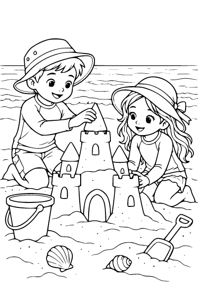 Summer Children Building A Sandcastle Coloring Page, Summer coloring page