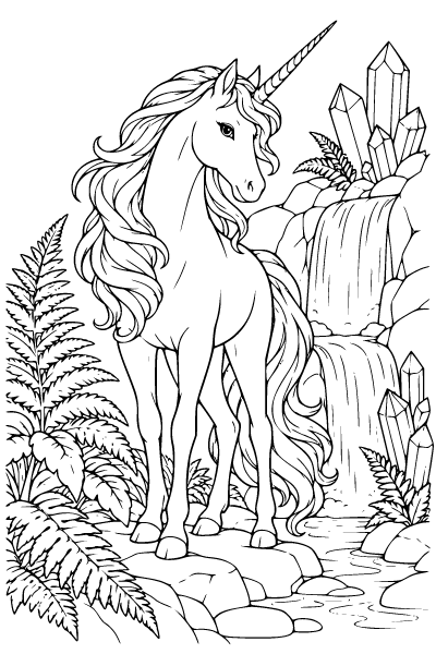 Unicorn Beside A Crystal Waterfall Coloring Page, Unicorn coloring page