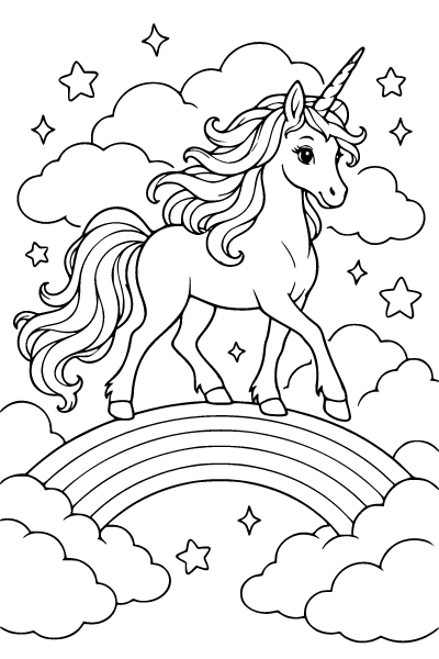 Unicorn On A Cloud Bridge Coloring Page, Unicorn coloring page