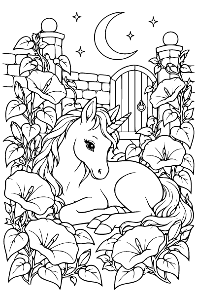 Unicorn Foal In A Moonlit Garden Coloring Page, Unicorn coloring page