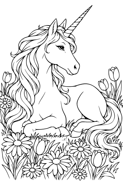 Unicorn Resting In A Flower Meadow Coloring Page, Unicorn coloring page