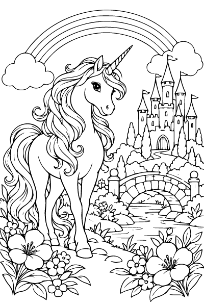 Unicorn At A Magical Castle Coloring Page, Unicorn coloring page