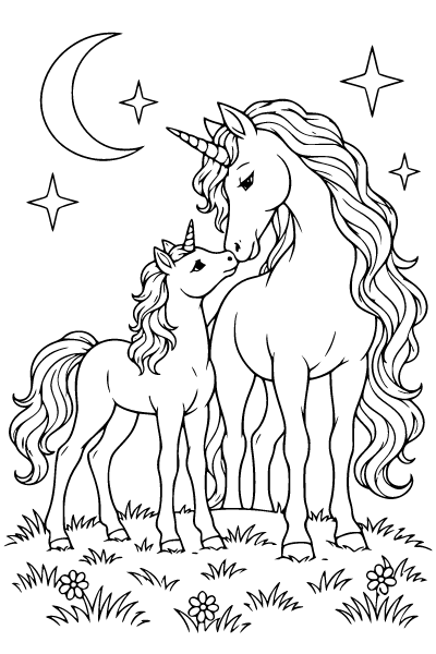 Unicorn And Foal Under The Stars Coloring Page, Unicorn coloring page