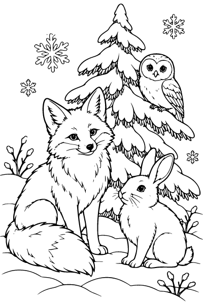 Winter Woodland Animals In The Snow Coloring Page, Winter coloring page