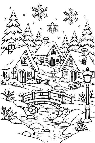 Winter Village Under Falling Snow Coloring Page, Winter coloring page