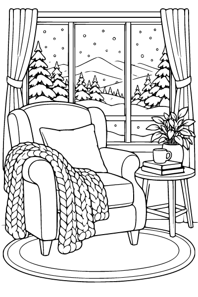 Winter Cozy Reading Corner Coloring Page, Winter coloring page