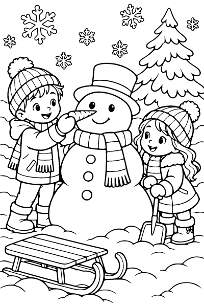 Building A Snowman Winter Activities Coloring Page, Winter Activities coloring page
