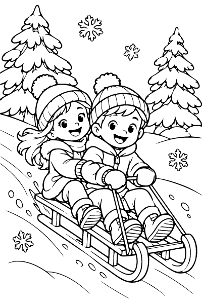 Winter Activities Sledding Down A Hill Coloring Page, Winter Activities coloring page